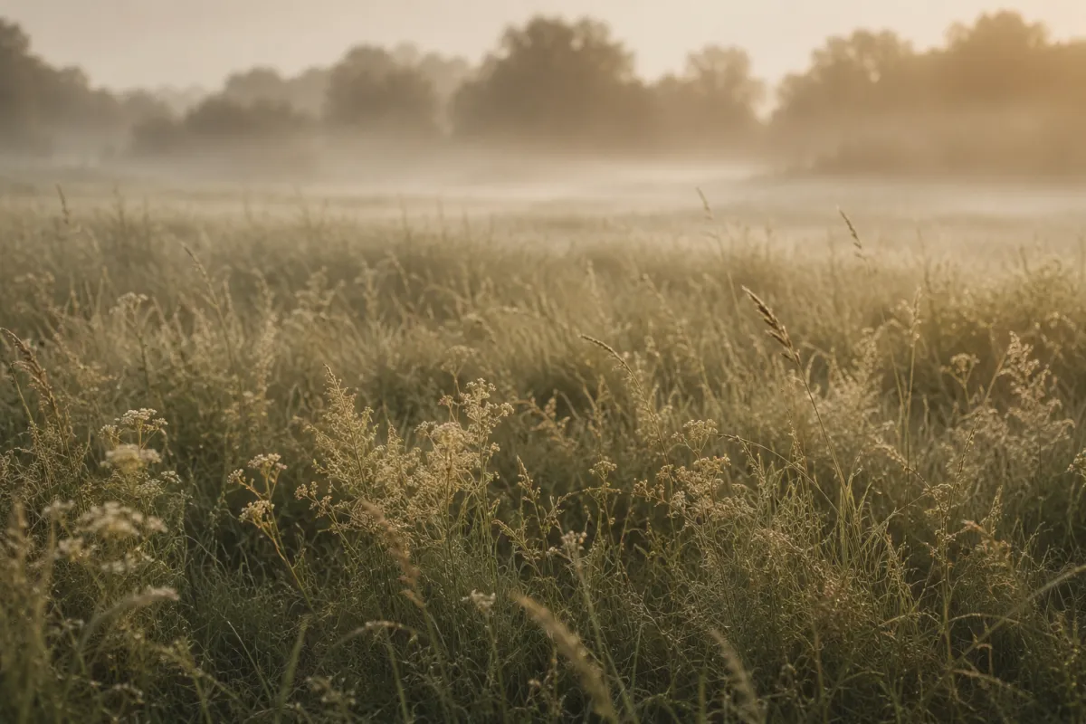 Soft morning light over a misty sage-green summer meadow