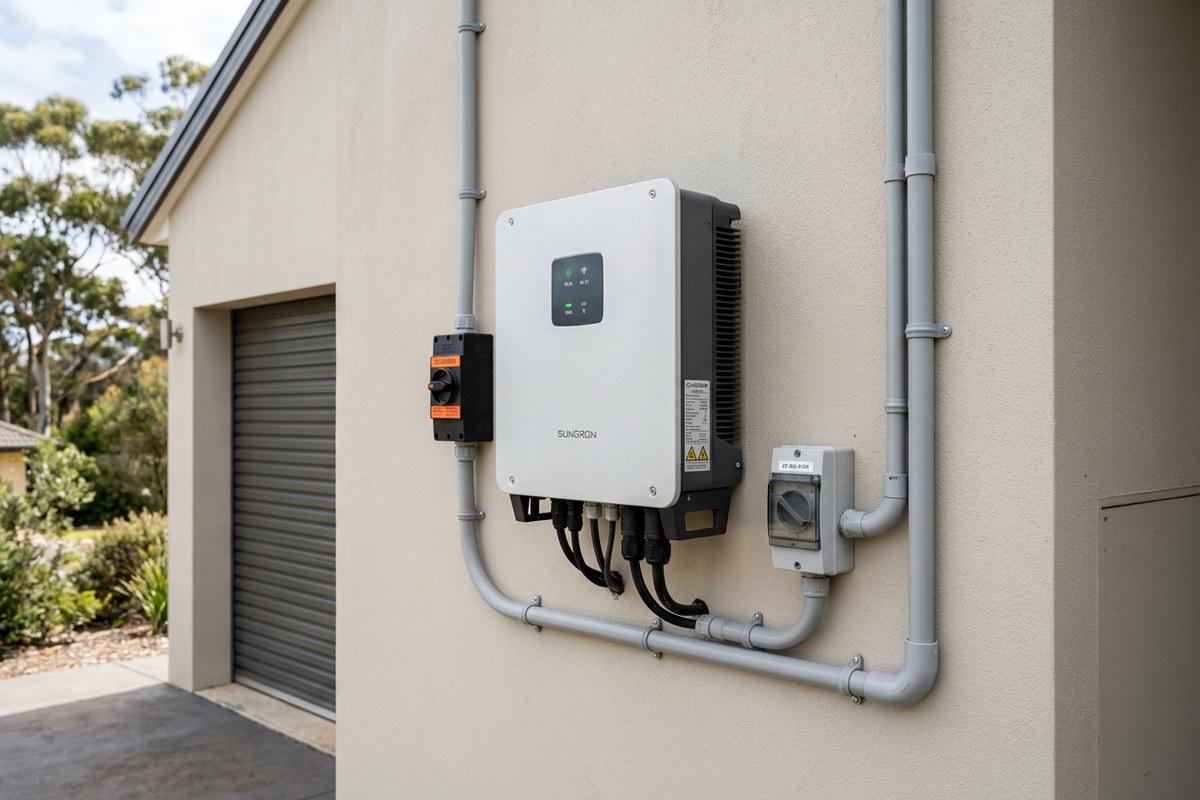 Wall-mounted solar inverter and grey DC isolator installed in a Central Coast garage