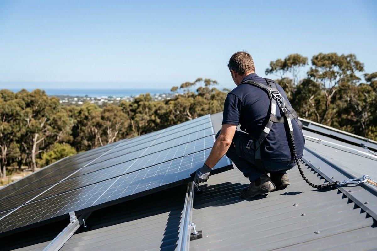 Solar panels being installed on a Colorbond roof of a coastal Umina Beach home
