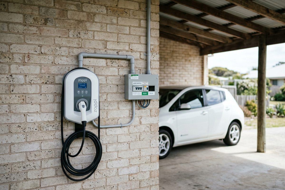 Wall-mounted EV charger being installed in the carport of an Umina Beach home