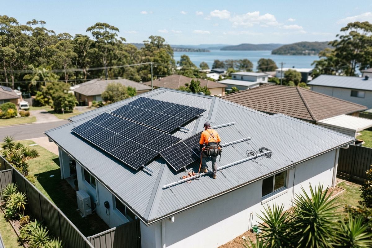 Rooftop solar panel array on a Woy Woy peninsula home in clear daylight