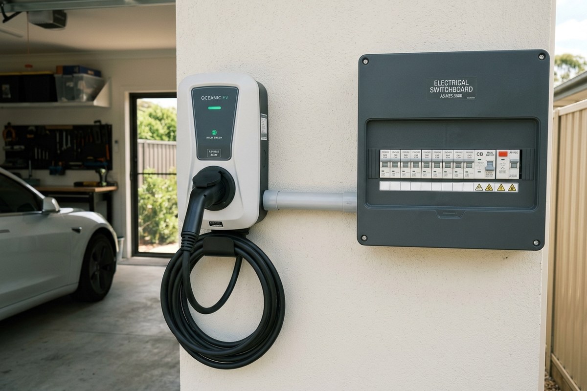 Three-phase EV charger installed near a switchboard at a Central Coast property