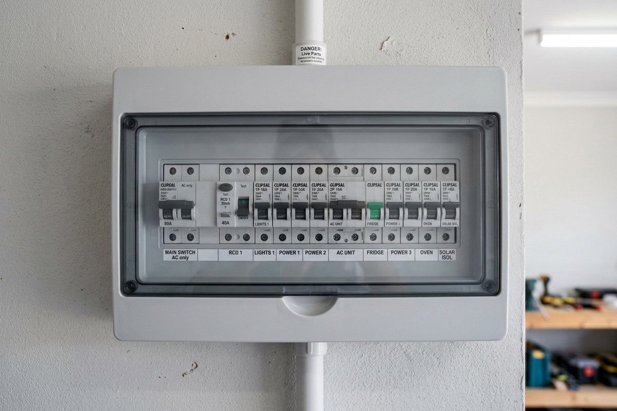 Modern residential switchboard with rows of safety switches in a Woy Woy home