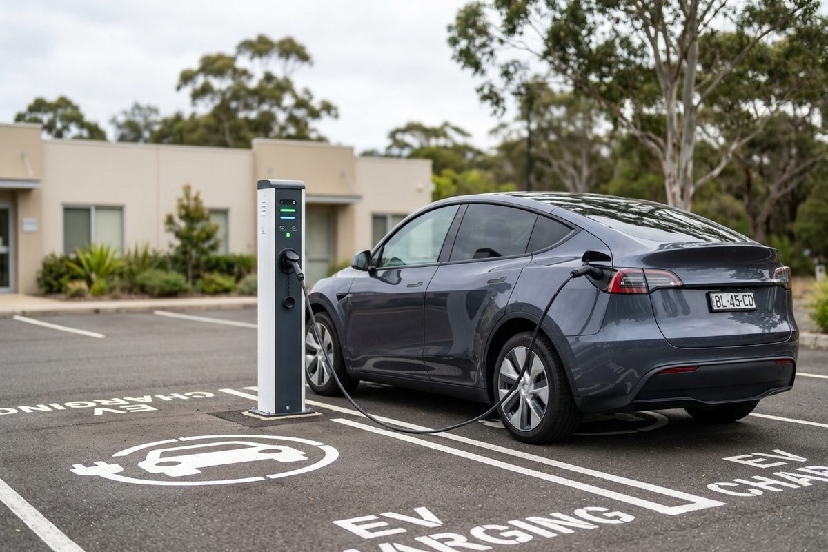 Commercial dual-bay EV charging stations in a Central Coast workplace car park
