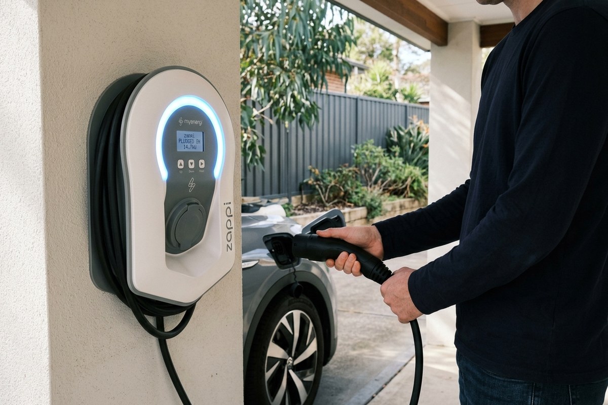 Wall-mounted home EV charger installed in a carport at a Woy Woy home