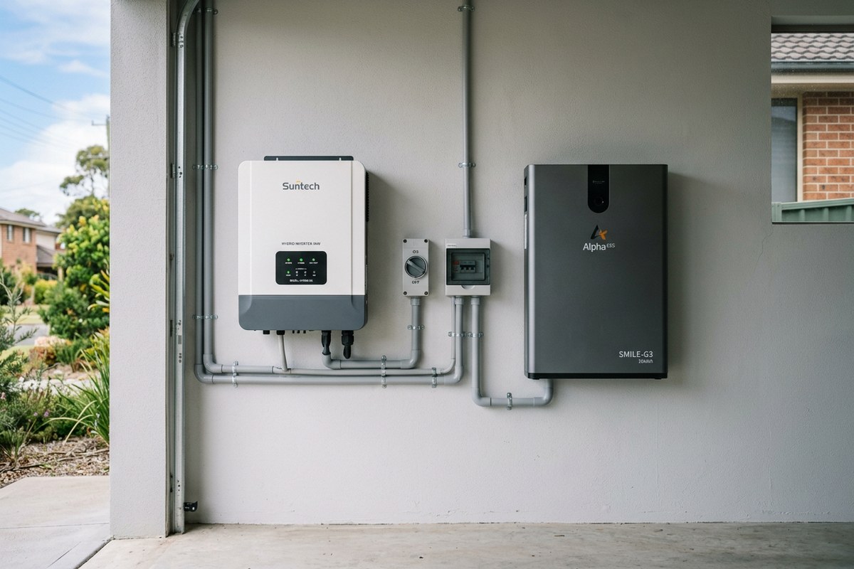 Hybrid solar inverter with a battery-ready setup on a Central Coast garage wall