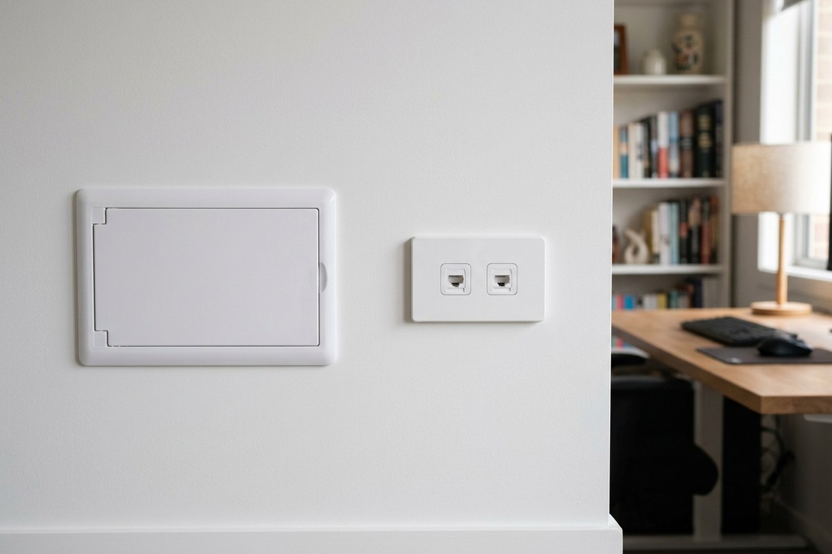 Neatly terminated data points and a network enclosure on a wall in a Woy Woy home