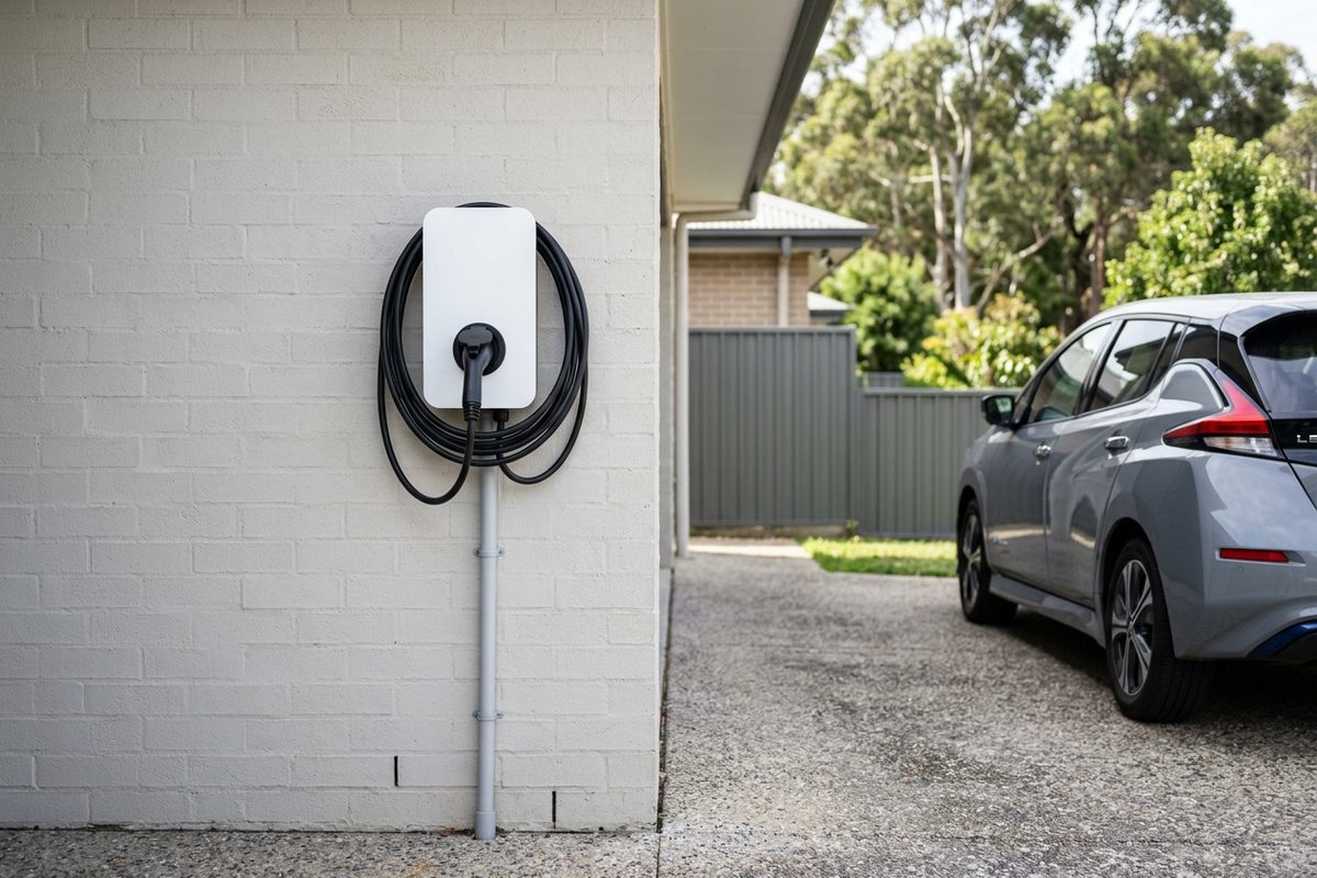 7kW Level 2 home EV charger mounted beside a Central Coast driveway
