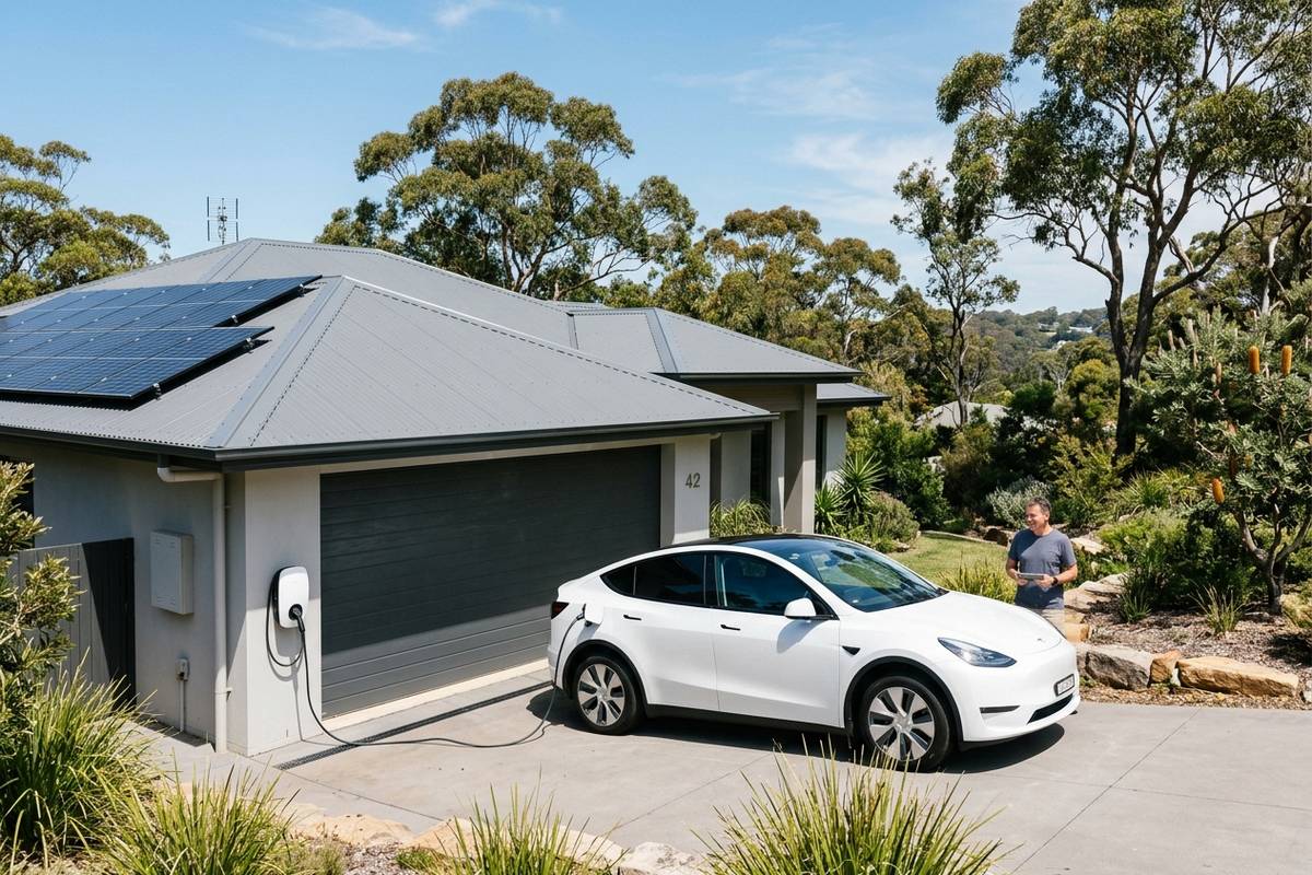 EV charging from rooftop solar at a Central Coast home with panels and a wall charger