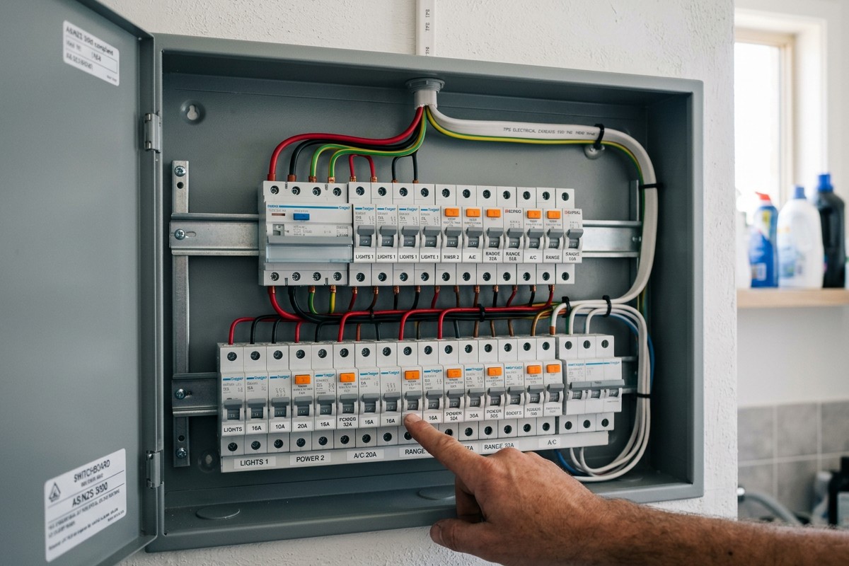 Open grey switchboard with modern RCBOs in a Terrigal home being inspected