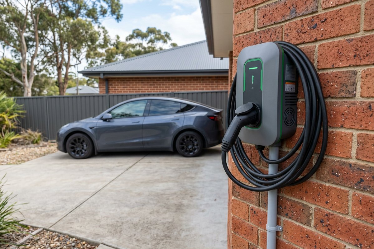 Wall-mounted home EV charger connected to an electric car at a Terrigal home