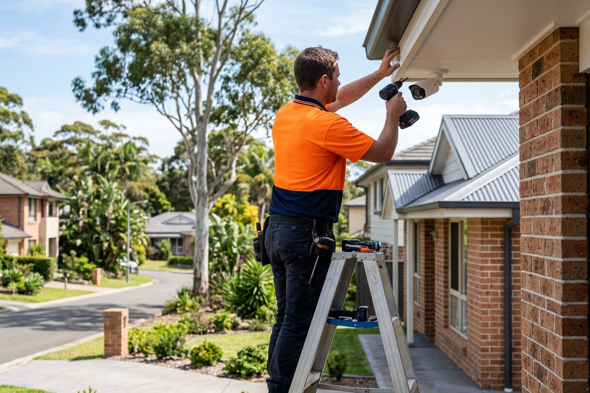 Installer mounting a CCTV camera under the eave of a Terrigal home