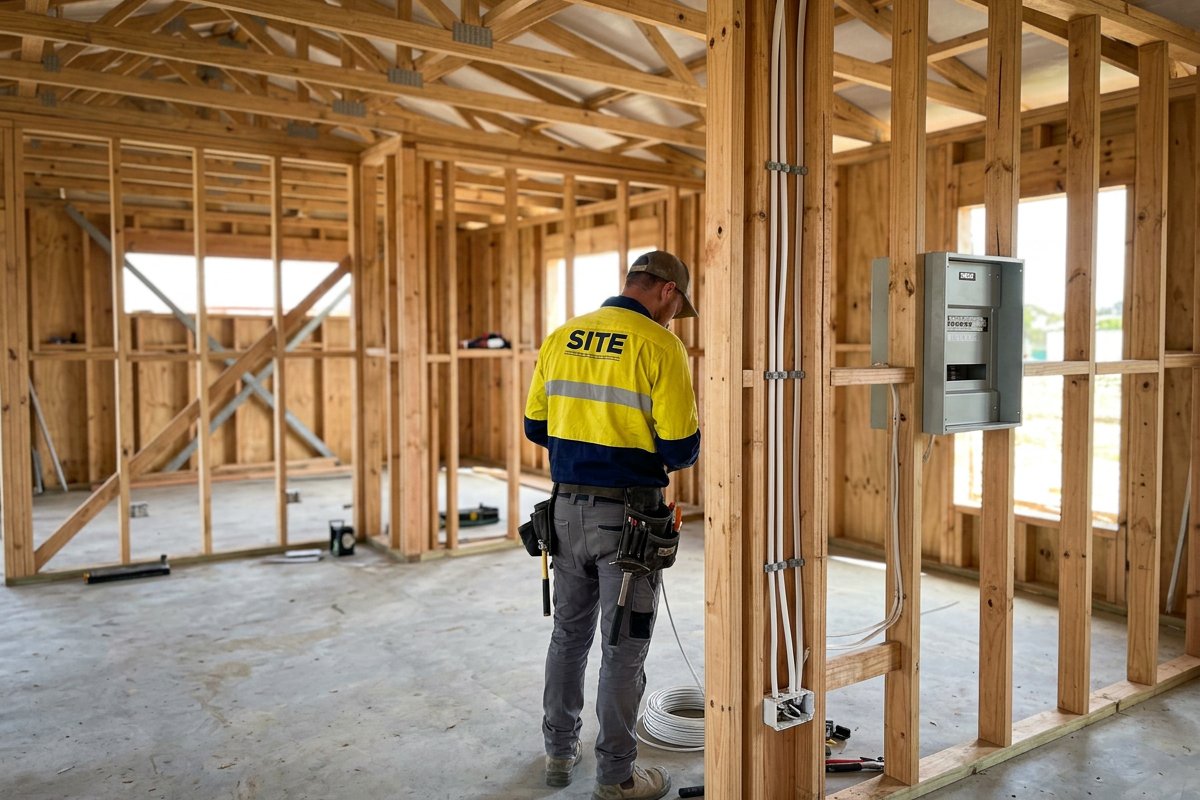 Flat white TPS cabling run through the timber frame of a new Terrigal home at rough-in stage