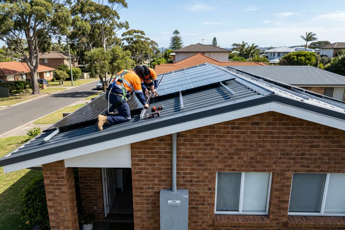 Installers fitting solar panels to a Colorbond roof on a Terrigal home