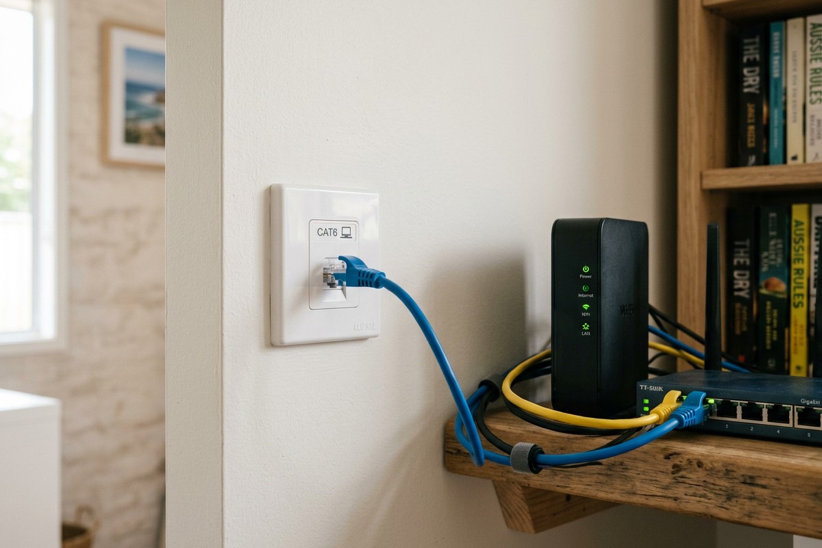 Wall-mounted CAT6 data point and home network setup in a Terrigal home