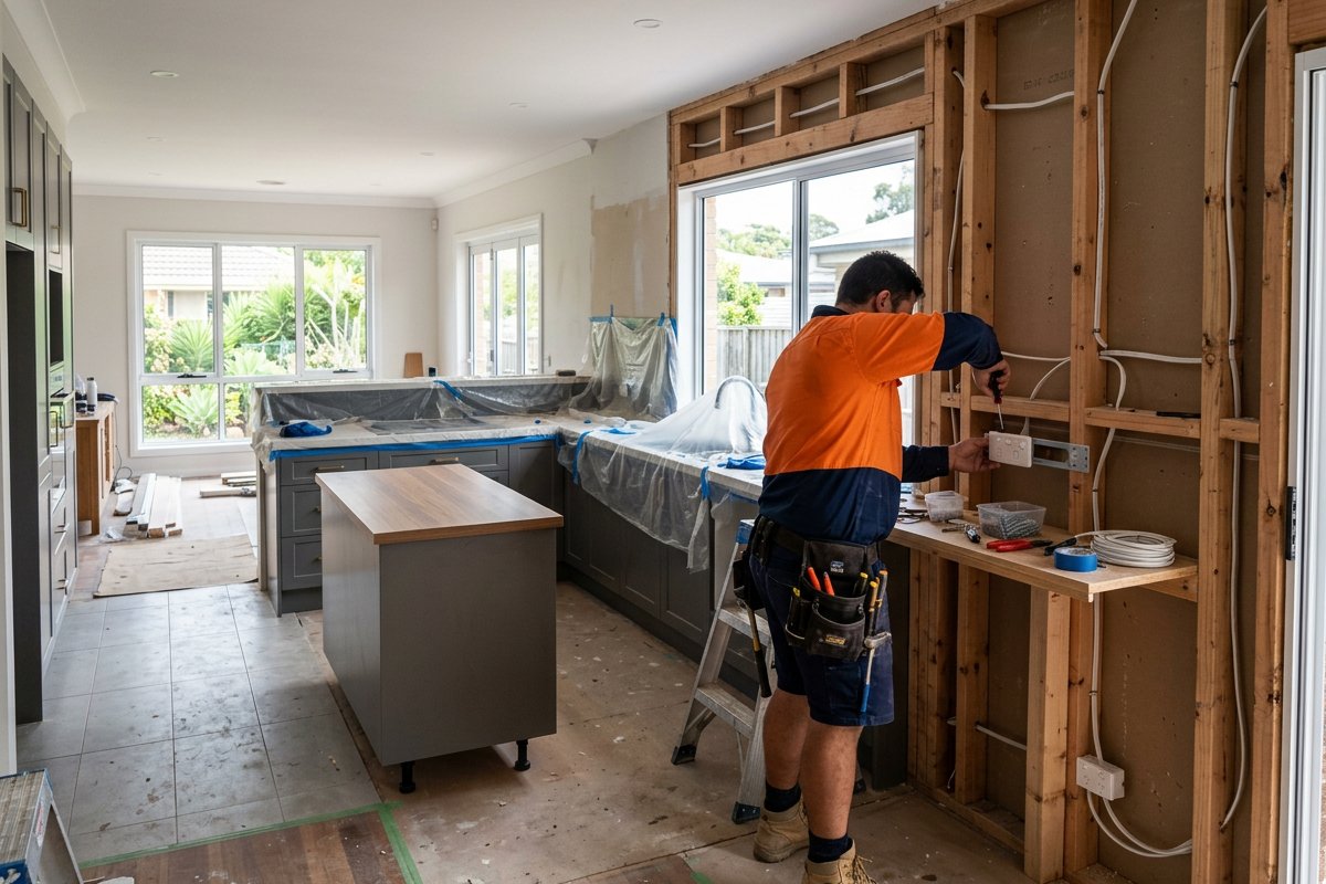 Electrician fitting a powerpoint during a Terrigal kitchen renovation with exposed framing