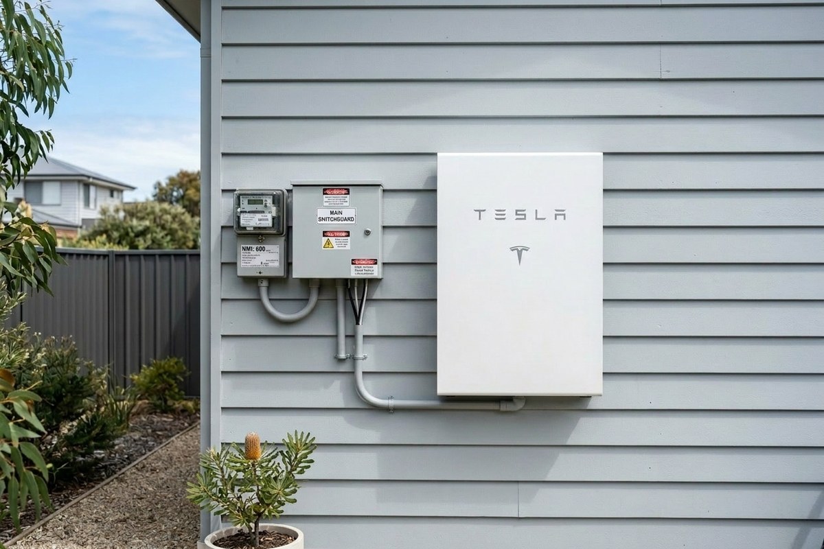 Home battery mounted beside a switchboard on the exterior wall of an Umina Beach home