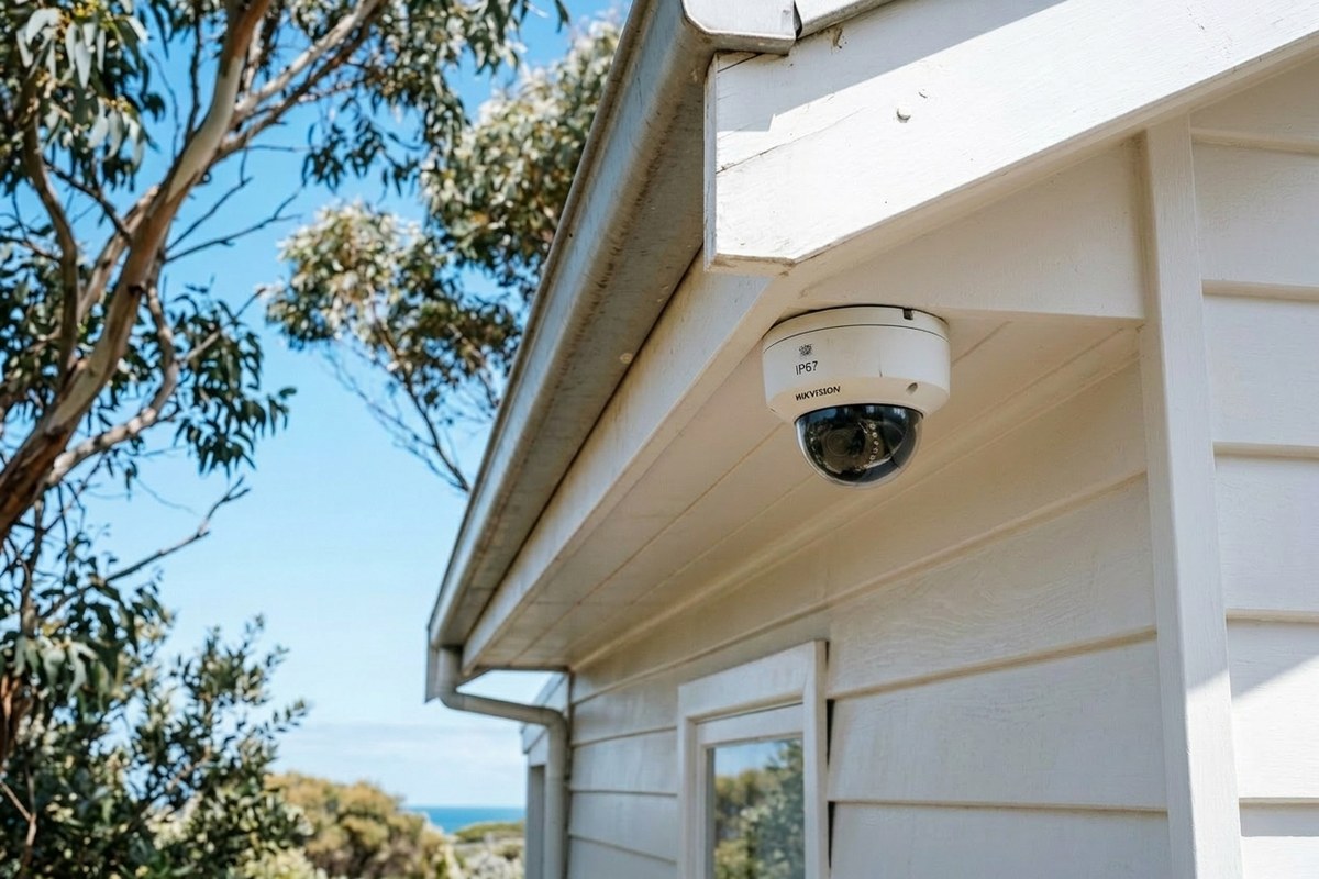 Hardwired CCTV camera being installed under the eaves of a coastal Umina Beach home