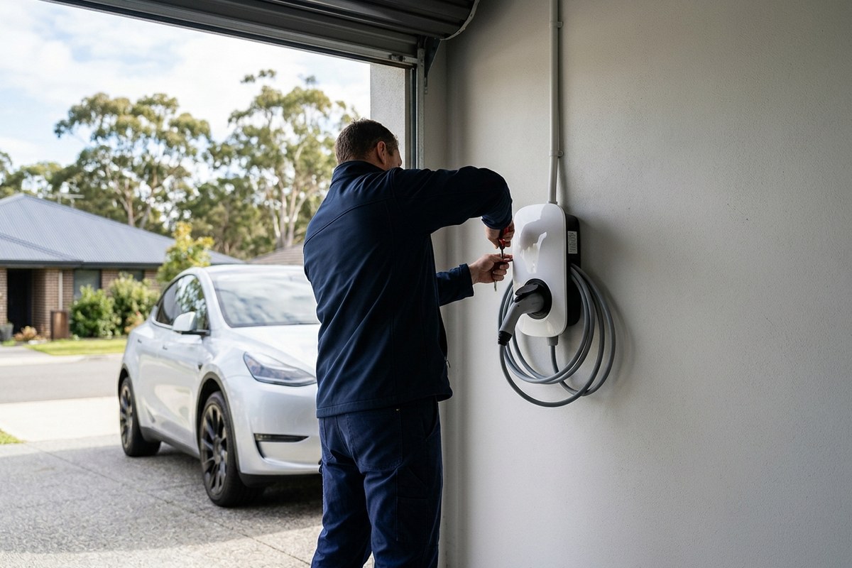 Licensed electrician commissioning a wall-mounted home EV charger in a Central Coast garage