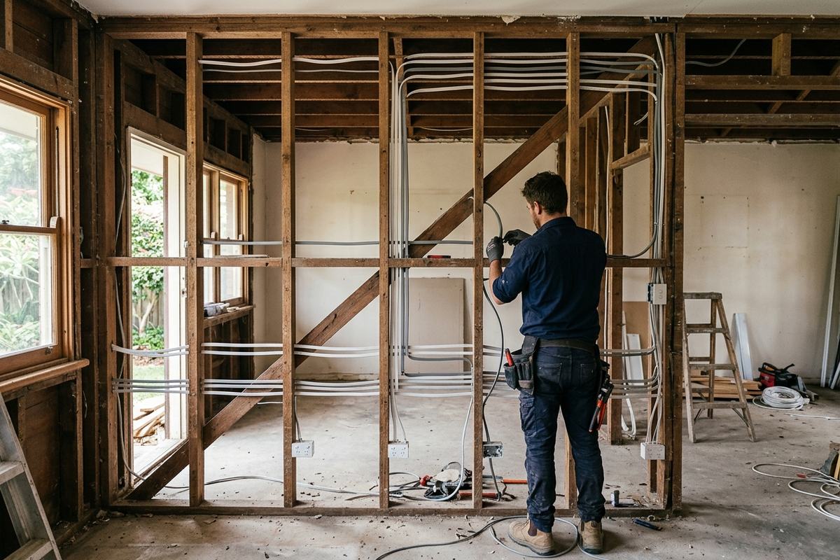 Electrical rough-in with new cabling through timber wall framing during a Woy Woy rewire