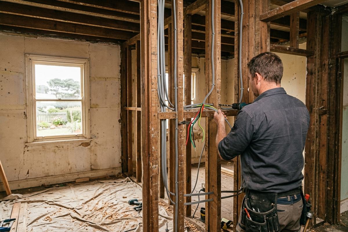 New electrical wiring run neatly through the open wall framing of an older Umina Beach cottage