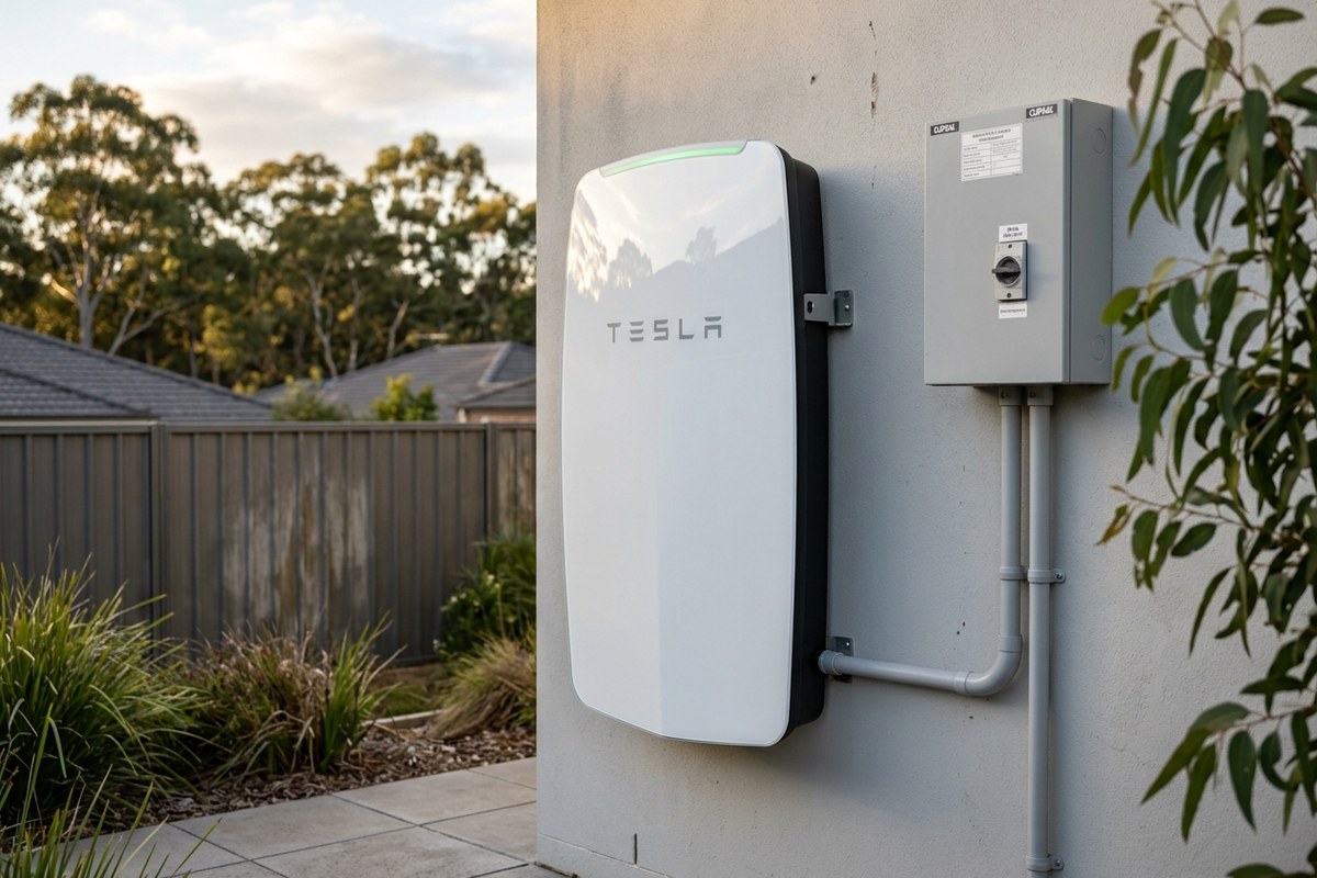 Wall-mounted home battery installed beside a switchboard on a Woy Woy home