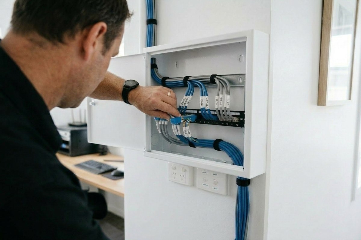 Structured data cabling and a network patch panel installed in an Umina Beach home office
