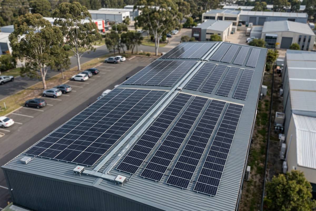 Large flush commercial solar array on a Central Coast workshop roof