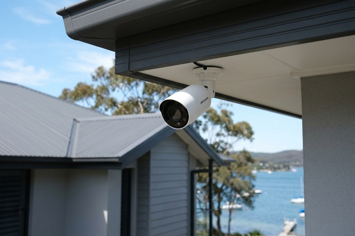 Hardwired CCTV security camera mounted neatly under the eave of a Woy Woy home