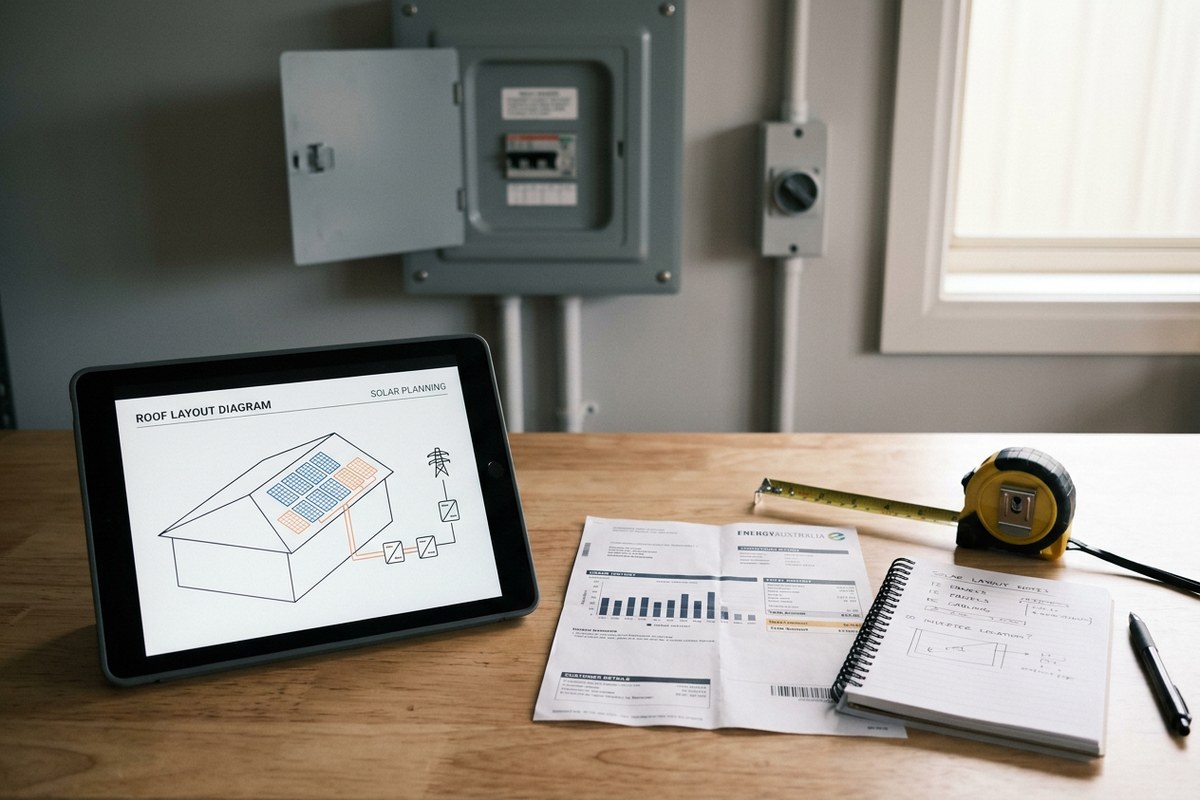 Solar system design review with a roof layout and power bill on the Central Coast