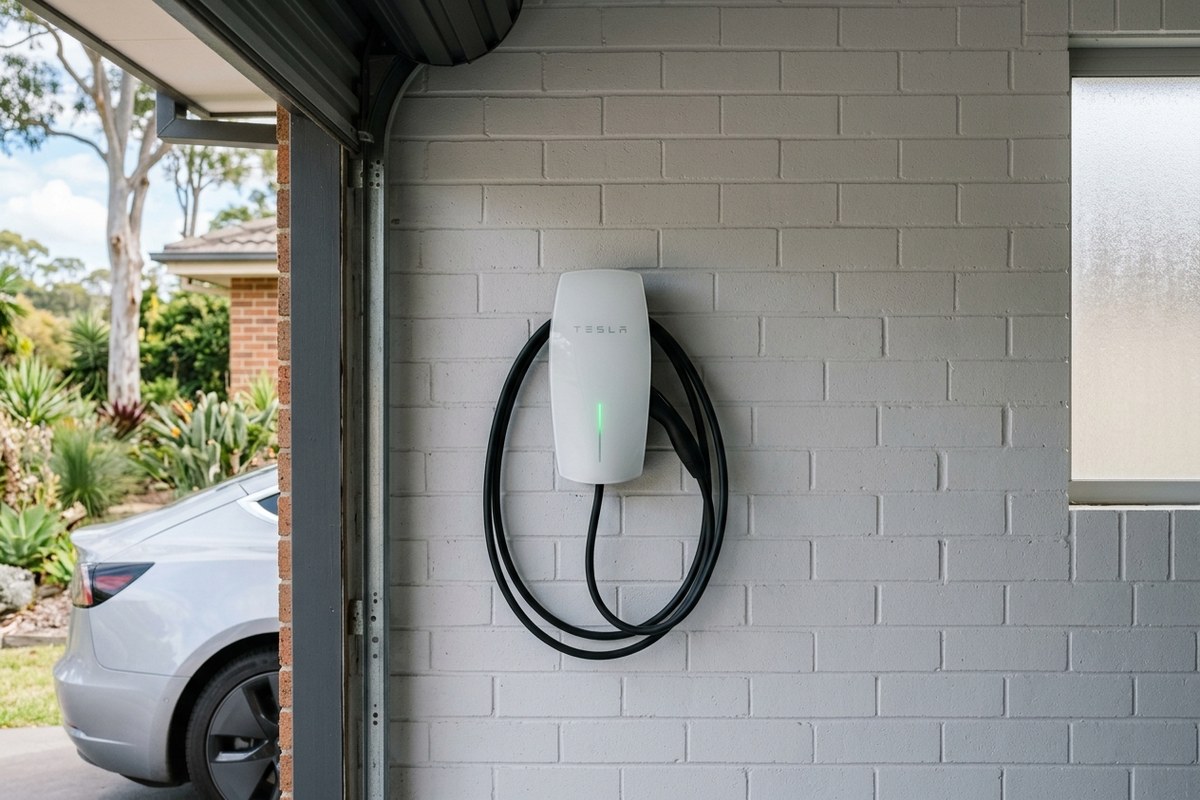 Genuine Tesla Wall Connector installed on a Central Coast garage wall