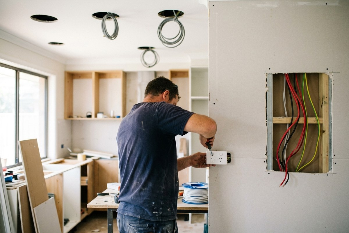 New lighting and power points being roughed in during a kitchen renovation in Umina Beach