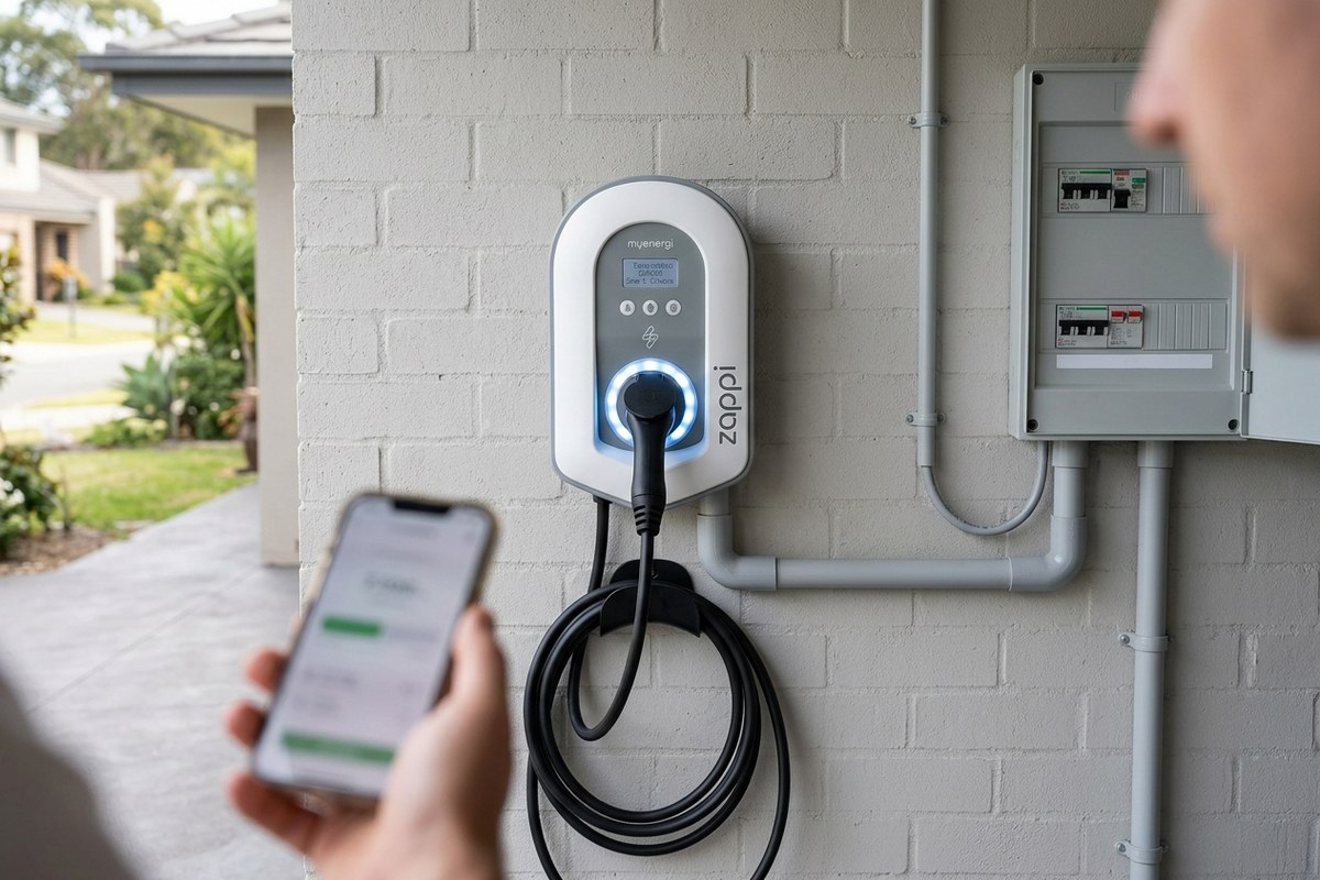 Smart EV charger with load management wired beside a Central Coast home switchboard