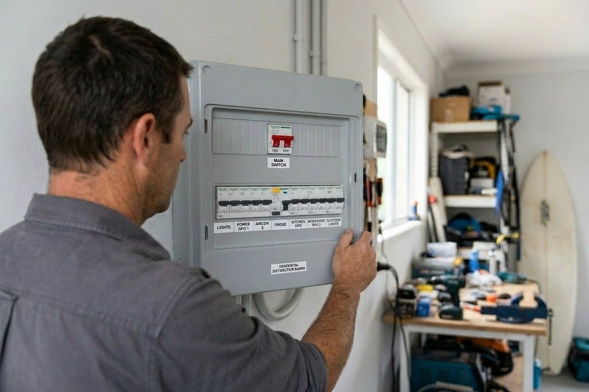Modern residential switchboard with a row of safety switches in an Umina Beach home