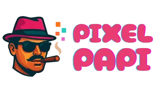 Brand Logo for Pixel Papi, man with sunglasses smoking a cigar with a pink fedora on.
