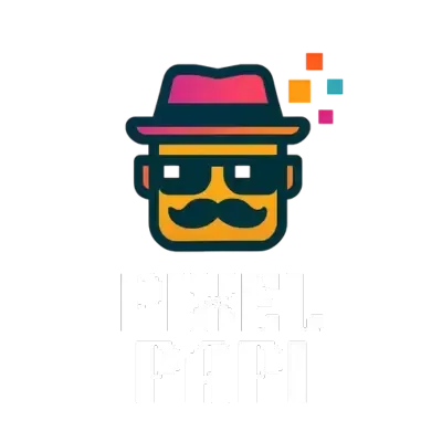 Pixel Papi pixelated logo, square head with mustache and sunglasses, white text company name