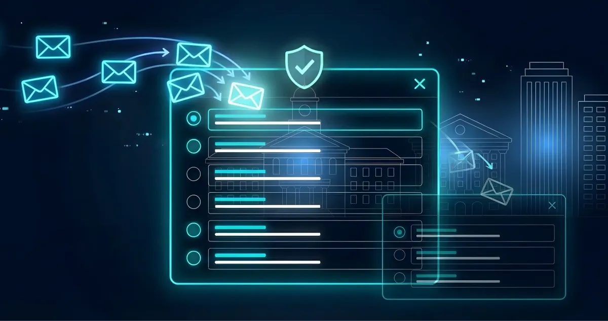 Abstract digital illustration of a glowing blue email inbox interface with a security shield and checkmark, showing incoming messages safely bypassing spam filters. Faint outlines of government and corporate buildings are in the dark navy background.