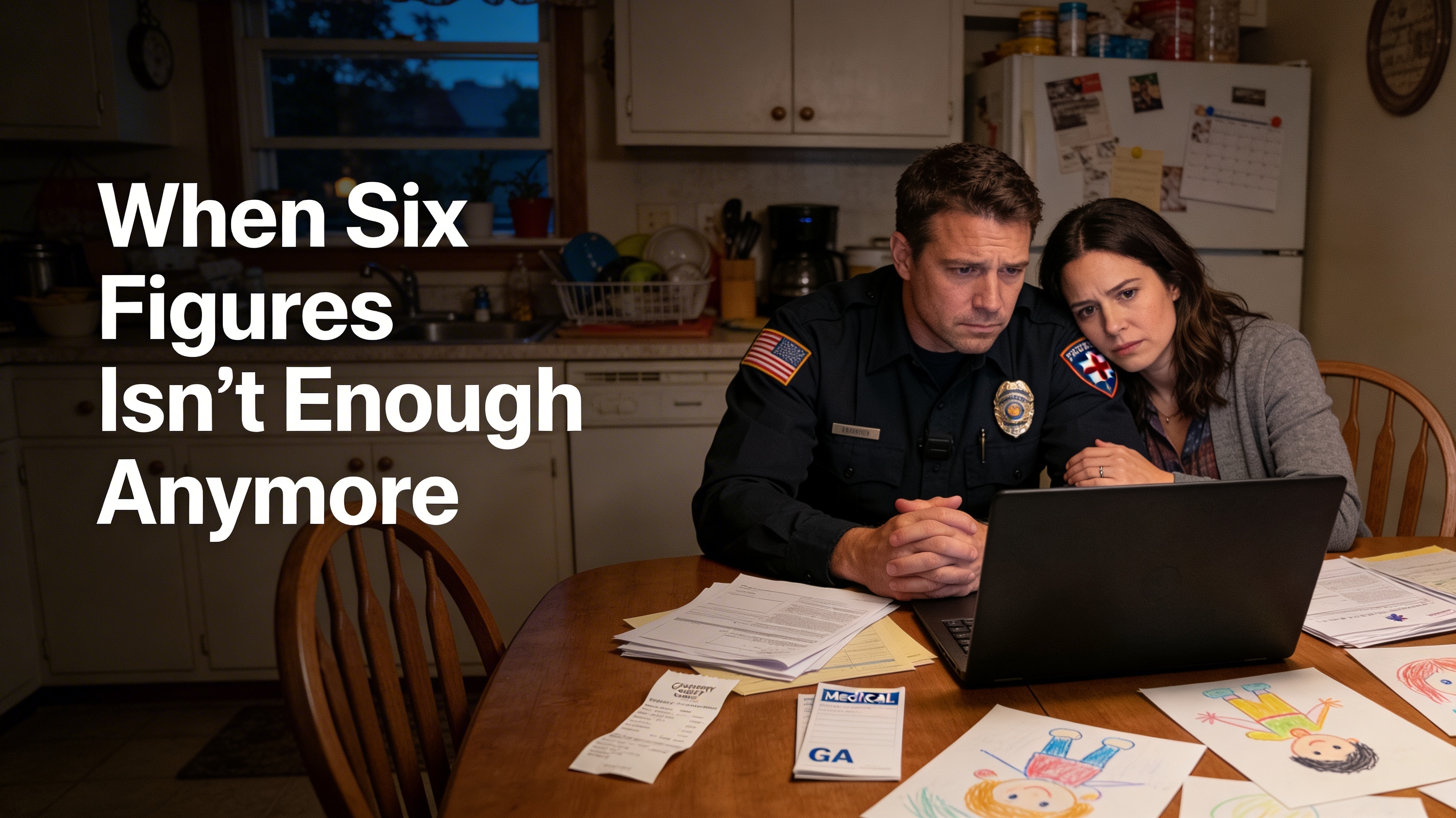 Firefighter family reviewing bills at kitchen table, symbolizing how a six-figure salary no longer feels secure in 2026