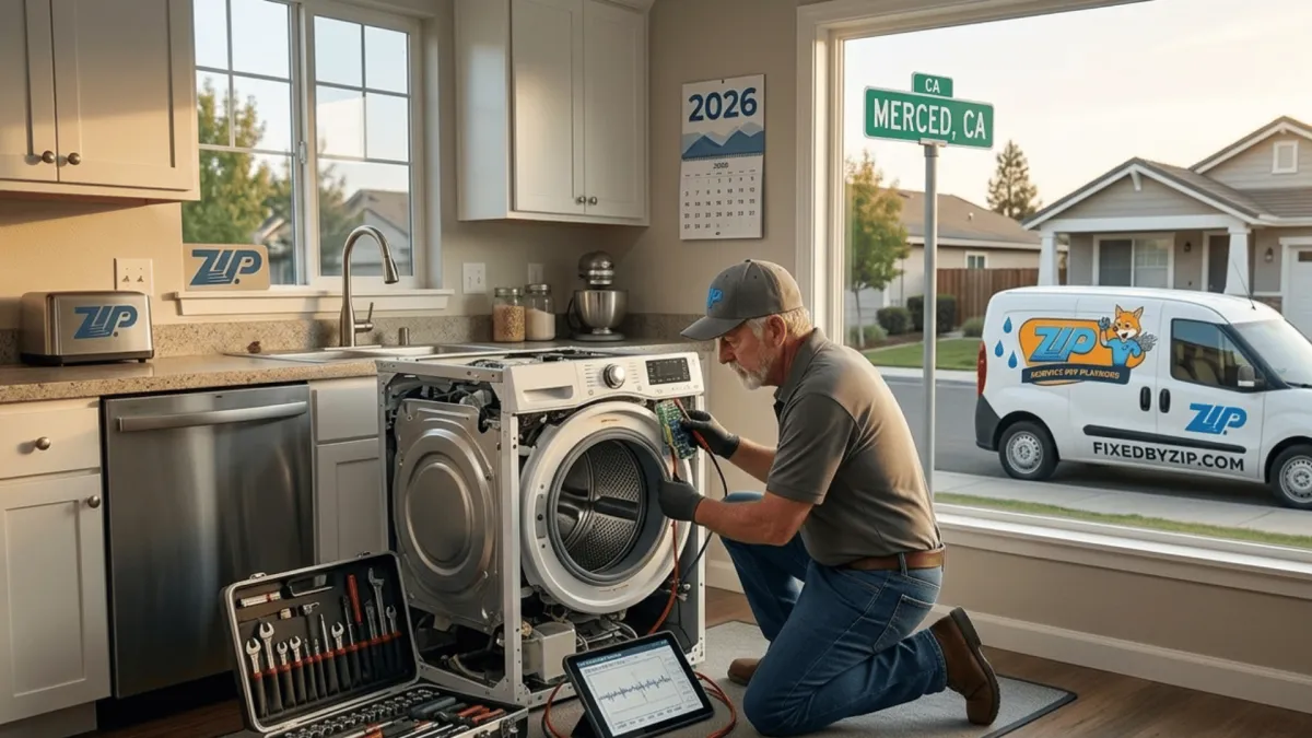 A certified appliance technician cleaning internal condenser coils and checking power draw metrics to optimize energy efficiency on a major home unit in Merced, CA near the UC Merced campus area.