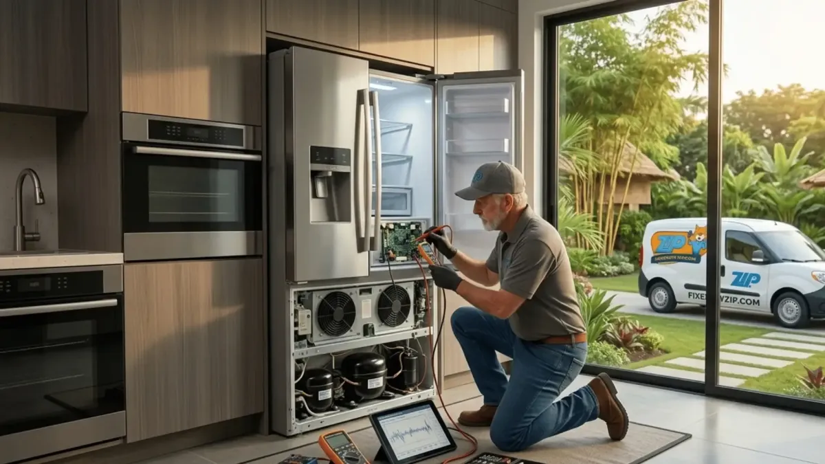 A local home appliance repair technician wearing a company uniform while carefully testing electronic control systems on a kitchen unit in Ripon, CA near the Jack Tone Road corridor.