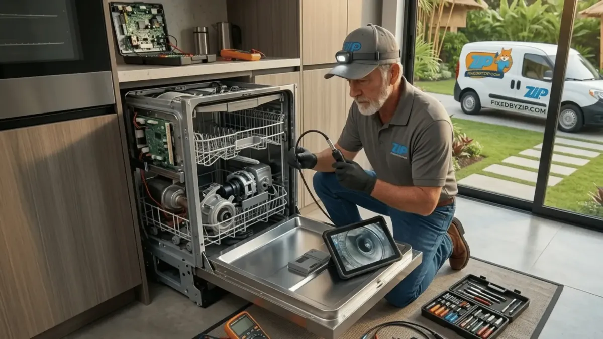 A certified home appliance repair technician selecting a factory-authorized replacement part from a fully organized inventory rack inside a service van in Tracy, CA near the Naglee Road corridor.