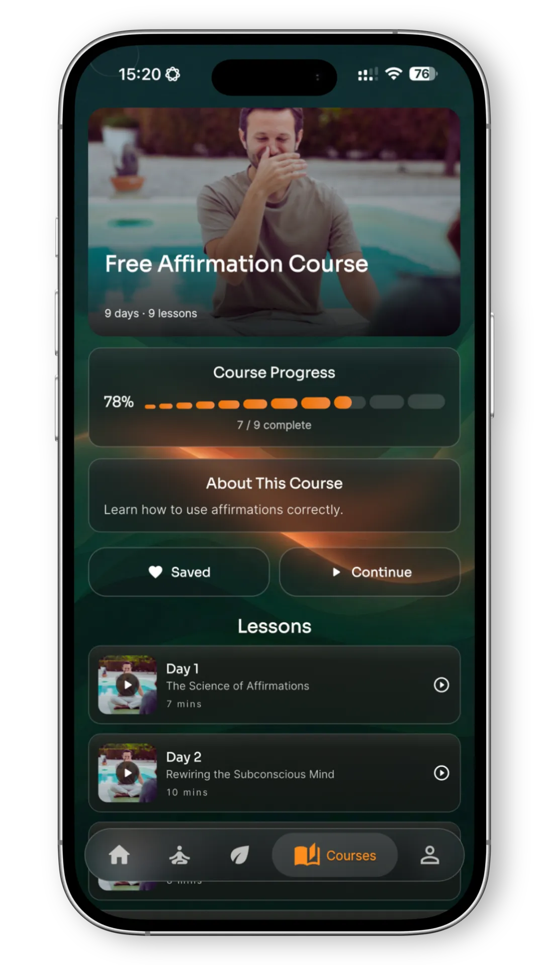 Soma app screenshot showing the Free Affirmation Course