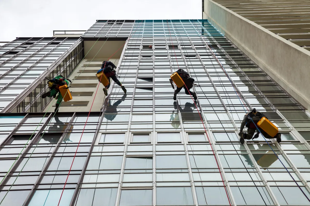 Workers wiping a building exterior windows