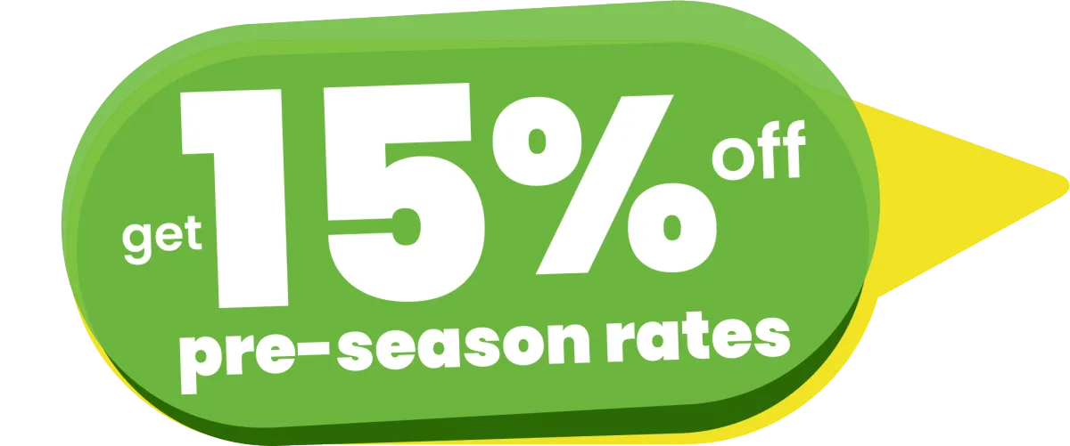 Promo 15 percent off pre-season rates bubble graphic