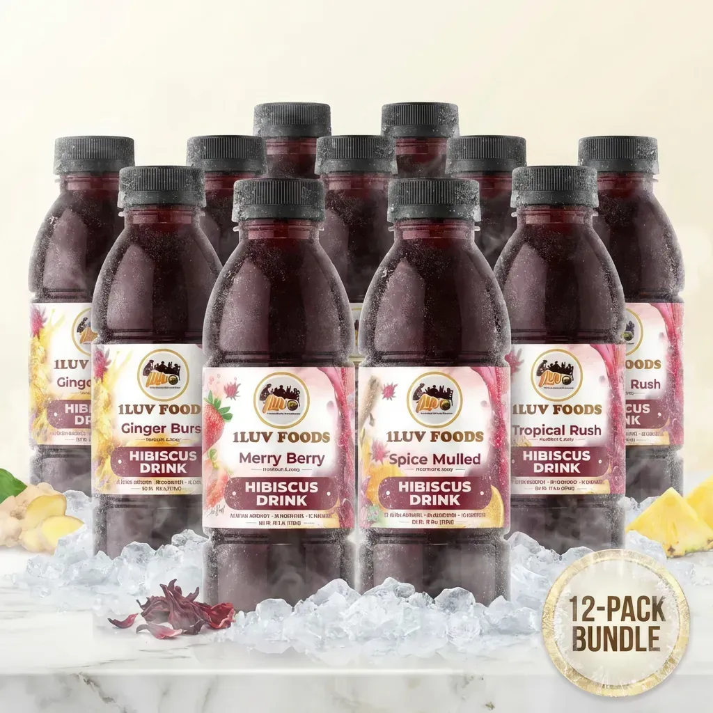 Six colorful hibiscus drink bottles from 1Luv Foods lined up with pineapple and lemon drinks on ice