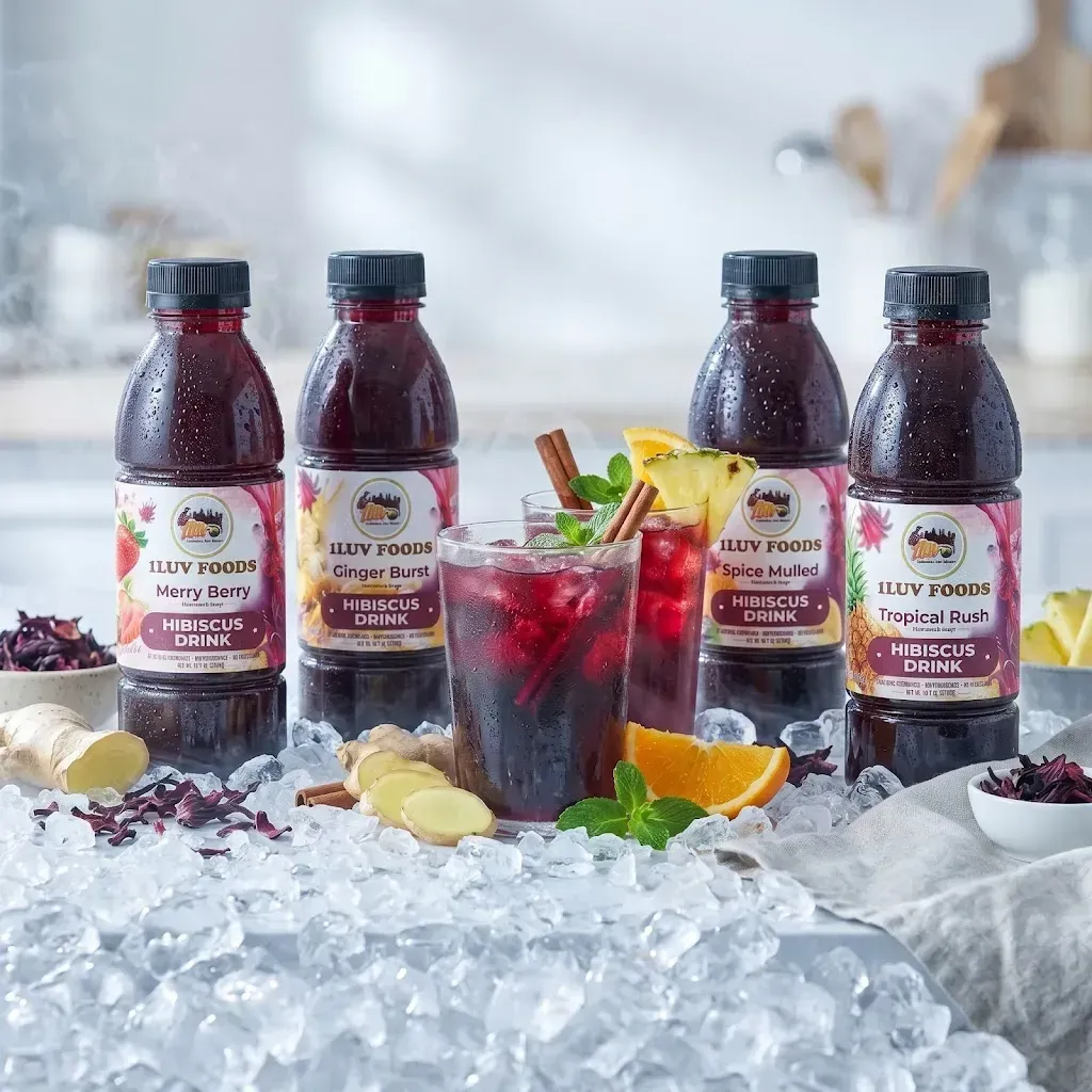Six 1Luv Foods hibiscus drink flavors lined up with vibrant red and pink tones