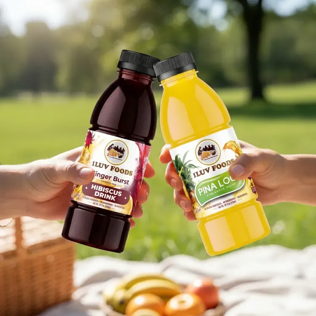 1Luv Foods vibrant fresh fruit drink in sleek glass bottle