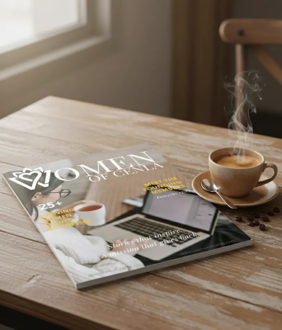 Coffee table scene with magazine, glasses, and notebook in warm mid-morning light.