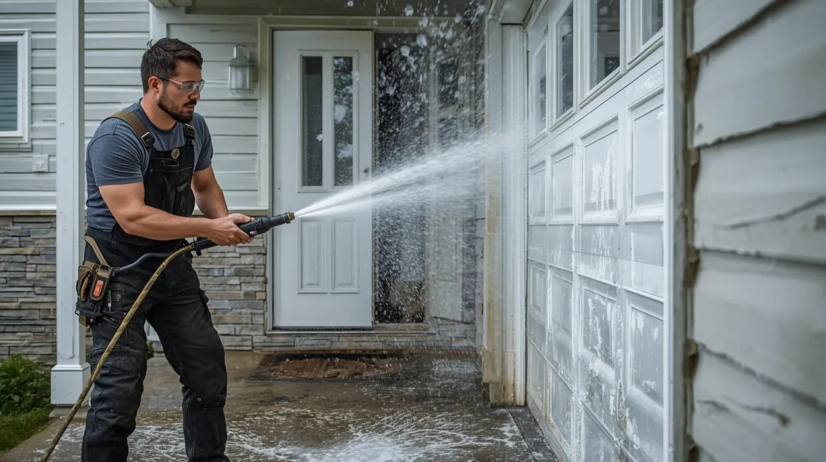 Man using pressue waser to clean garage door and house.