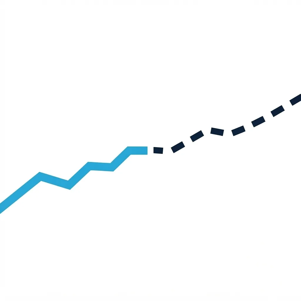 Flat illustration of a solid line transitioning to a dashed line, representing backtesting an EA and future performance uncertainty